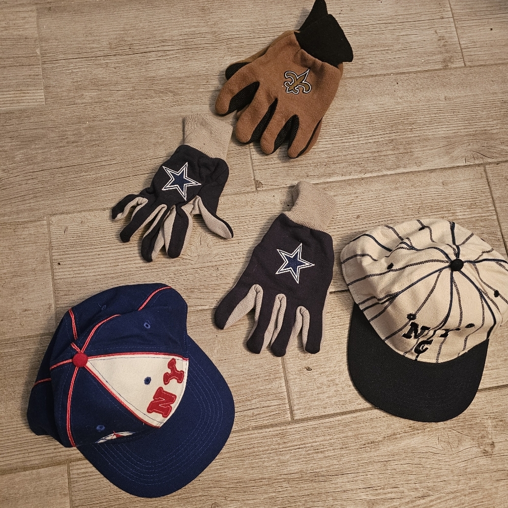 Two men's NY Baseball Caps and assorted gloves
